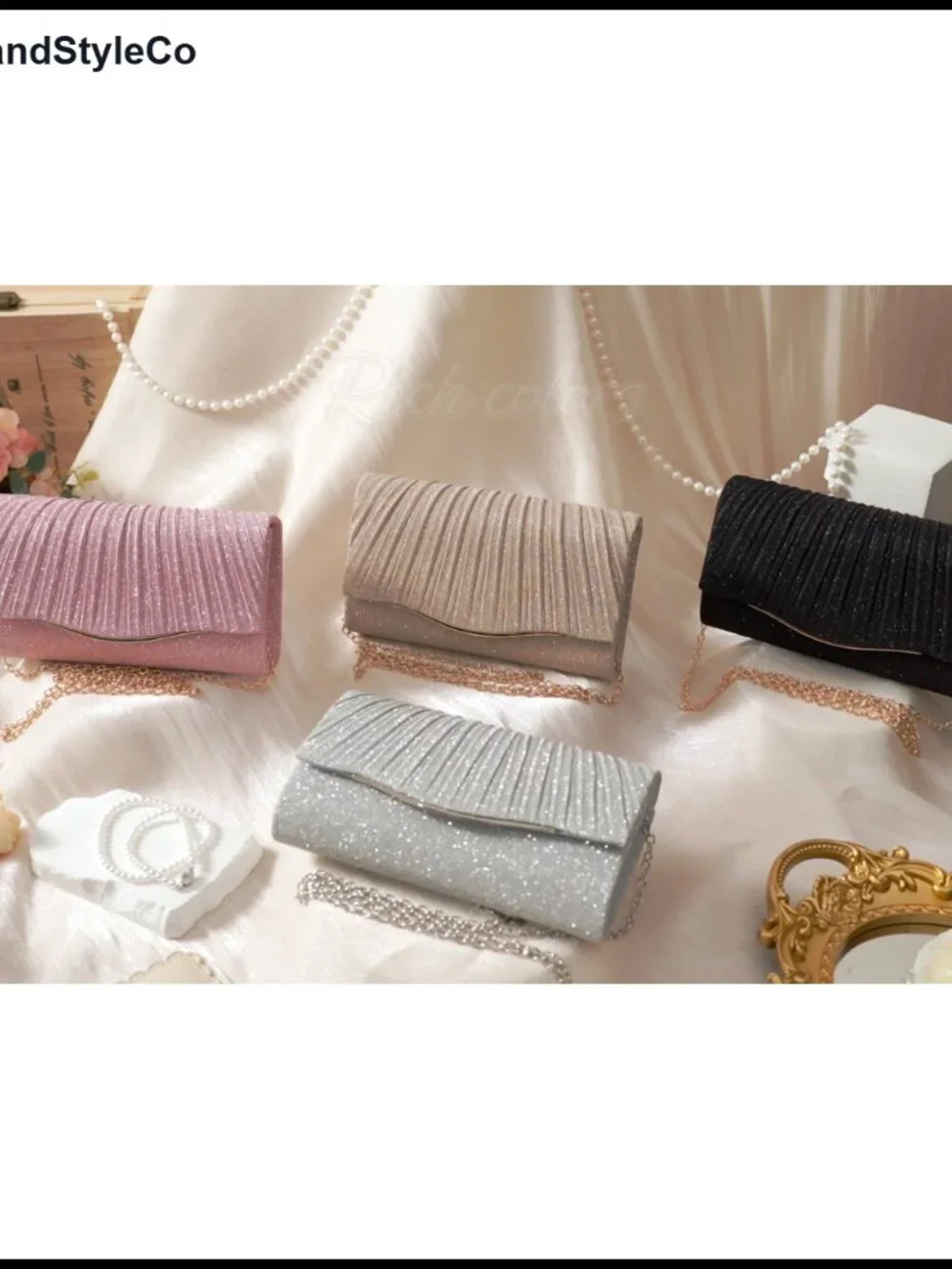 Champagne Sequin Evening Clutch Pleated Wristlet with Gold Chain - Formal